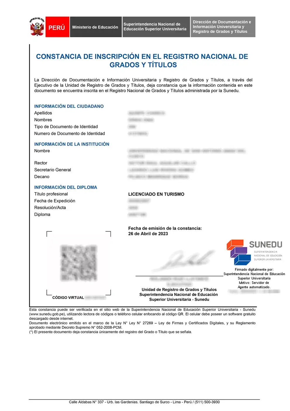 Constancia de Inscripción en el Registro Nacional de Grados y Títulos