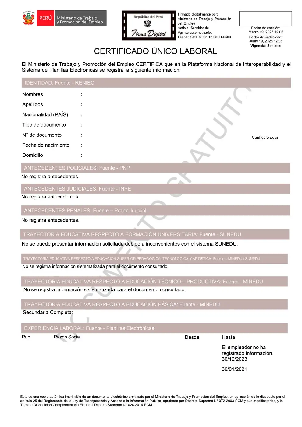 Certificado Único Laboral - CUL