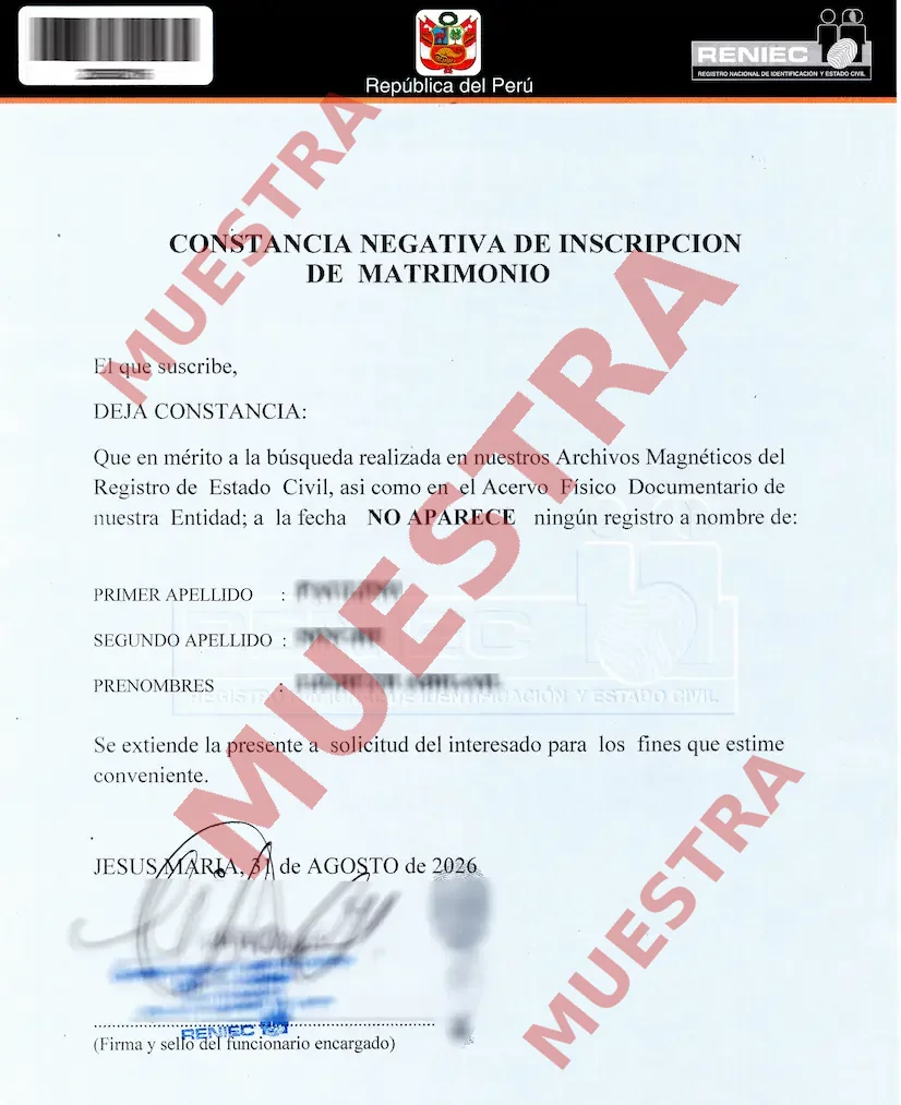 Constancia Negativa de Matrimonio RENIEC