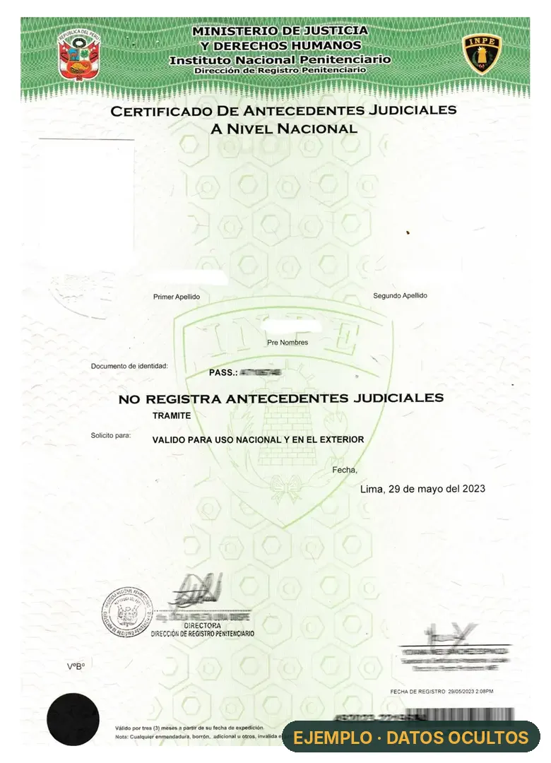 Peruvian court records certificate from INPE